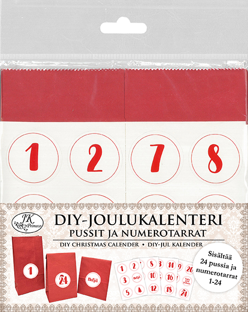 DIY-Joulukalenteri Pussit ja numerotarrat punainen 24kpl