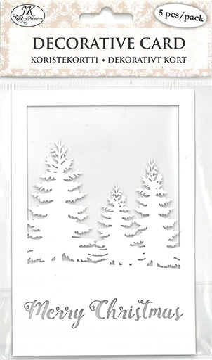 [6950] Decorative card Christmas text and trees white 5pcs